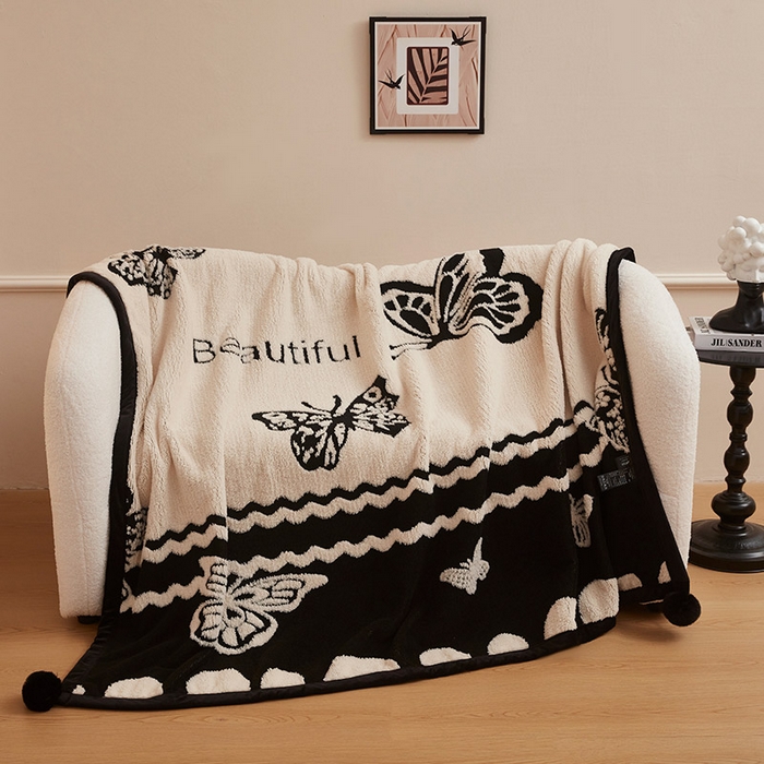 肖恩毯业 2025新款黑白阳离子熊猫绒多功能毛毯 熊猫绒-英文蝴蝶球