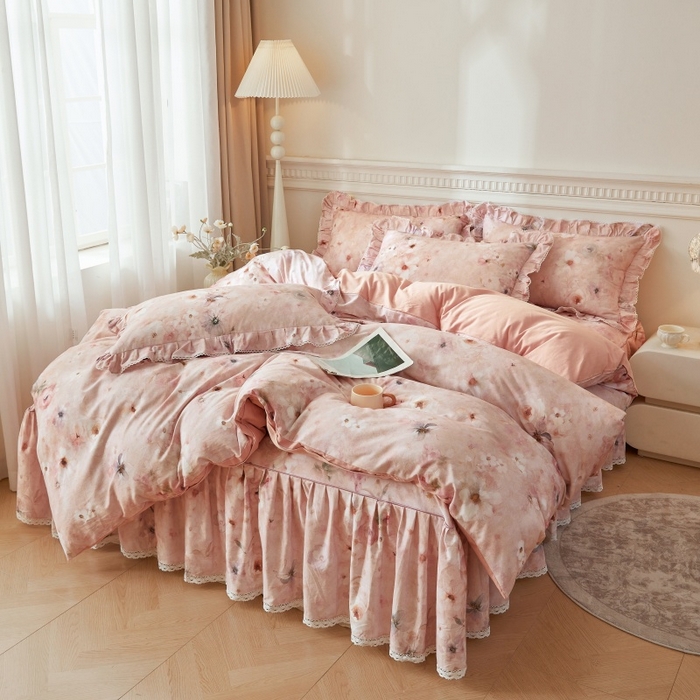 91家纺网 家纺一手货源 找家纺 缦彩 全棉A类100%数码印花床裙遮丑花边床单床罩单品 成瑾-粉