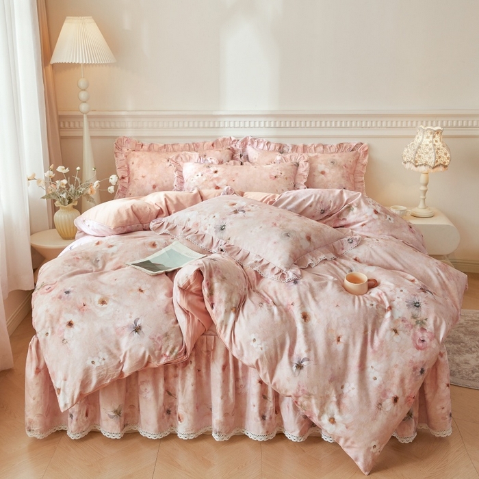 91家纺网 家纺一手货源 找家纺 缦彩 全棉A类100%数码印花床裙遮丑花边床单床罩单品 成瑾-粉