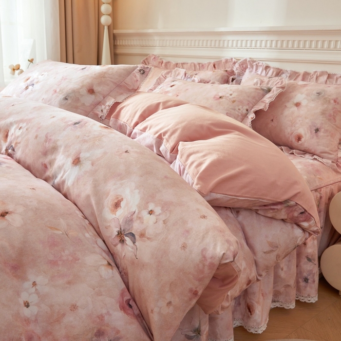 91家纺网 家纺一手货源 找家纺 缦彩 全棉A类100%数码印花床裙遮丑花边床单床罩单品 成瑾-粉