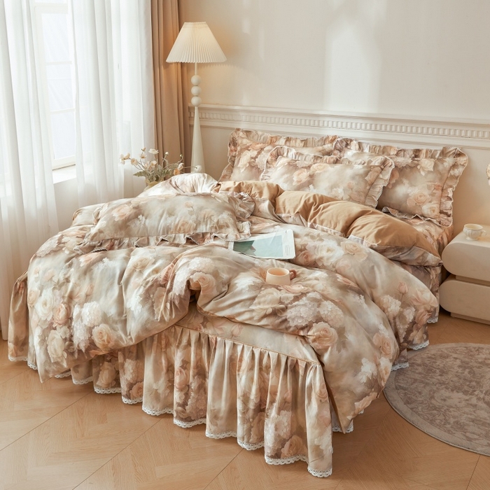 91家纺网 家纺一手货源 找家纺 缦彩 全棉A类100%数码印花床裙遮丑花边床单床罩单品 葵樱-红