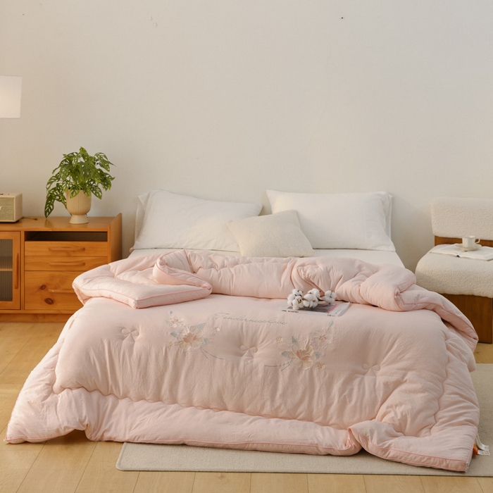 91家纺网 家纺一手货源 找家纺 雯雨家纺 2025新款A类绣花立体麻绳大豆被被子冬被春秋被被芯纤维被冬被被子被芯 绣花-粉