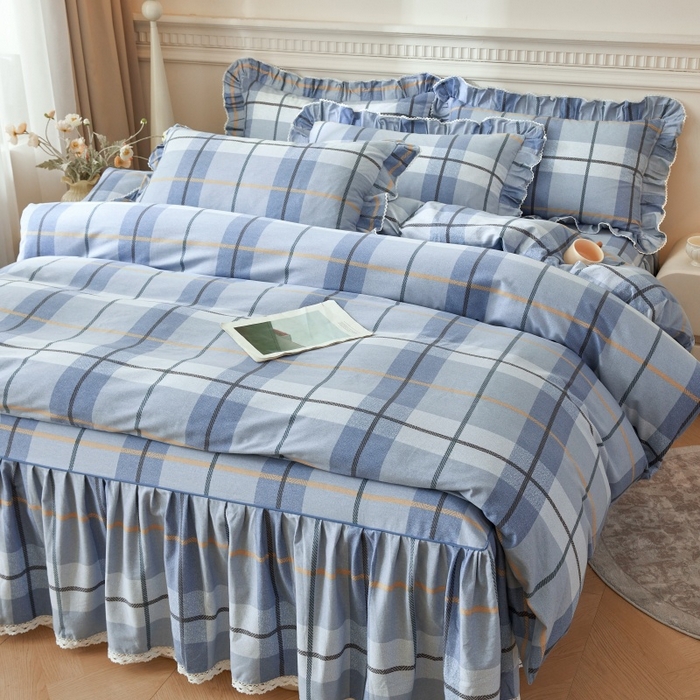 91家纺网 家纺一手货源 找家纺 缦彩 全棉A类100%数码印花床裙遮丑花边床单床罩单品 诺卡-蓝