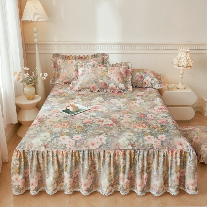 91家纺网 家纺一手货源 找家纺 缦彩 全棉A类100%数码印花床裙遮丑花边床单床罩单品 云栖