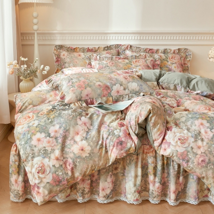 91家纺网 家纺一手货源 找家纺 缦彩 全棉A类100%数码印花床裙遮丑花边床单床罩单品 云栖