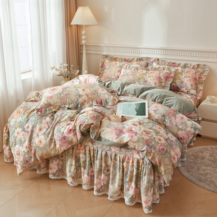 91家纺网 家纺一手货源 找家纺 缦彩 全棉A类100%数码印花床裙遮丑花边床单床罩单品 云栖