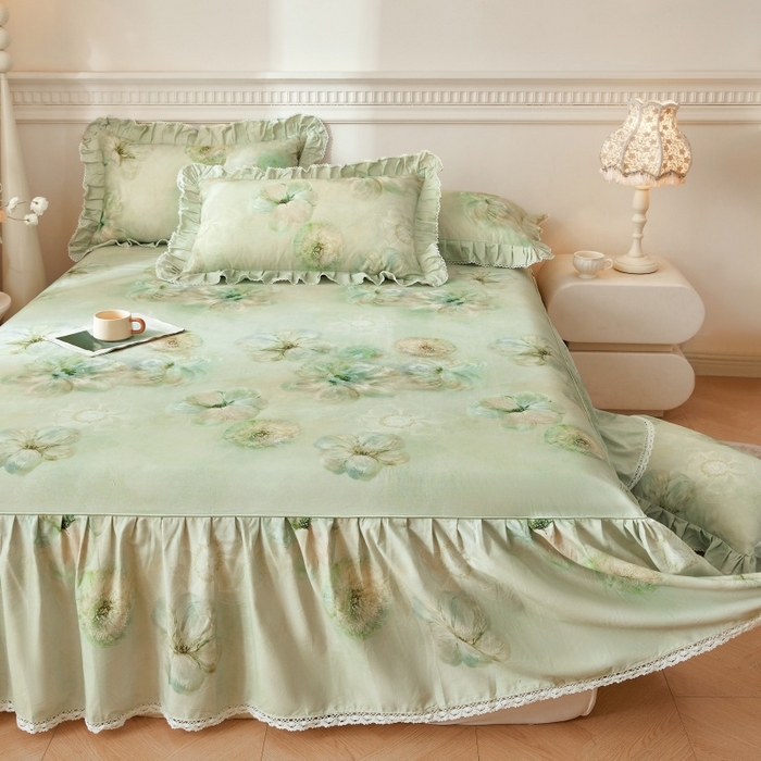 91家纺网 家纺一手货源 找家纺 缦彩 全棉A类100%数码印花床裙遮丑花边床单床罩单品 绽蔓