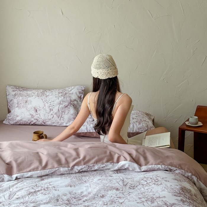 窝米 2025新款全棉纯棉火山磨毛花卉系列四件套-第三批 浮生-咖