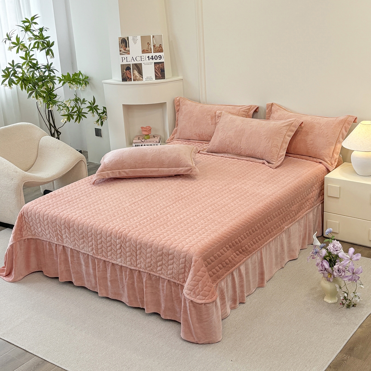 91家纺网 家纺一手货源 找家纺 金艾草 2025新款牛奶绒立体雕花夹棉床盖四件套向日葵-豆沙