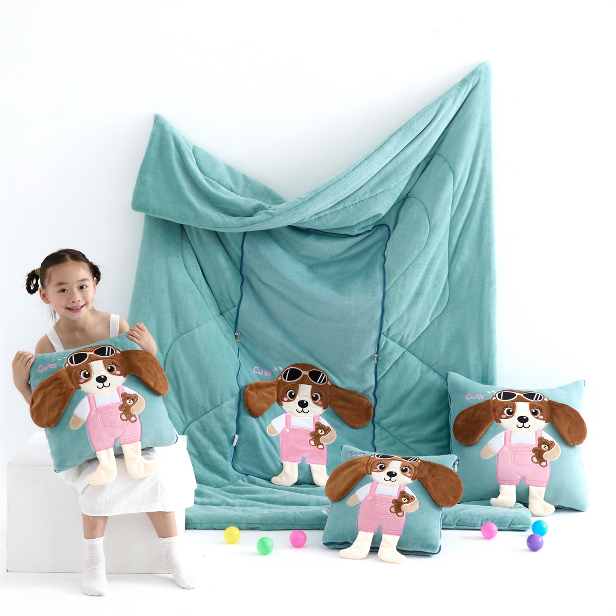 吉利家居2025新款牛奶绒贴布绣多功能抱枕被-天使狗（控价小号68   大号98） 兰亭绿