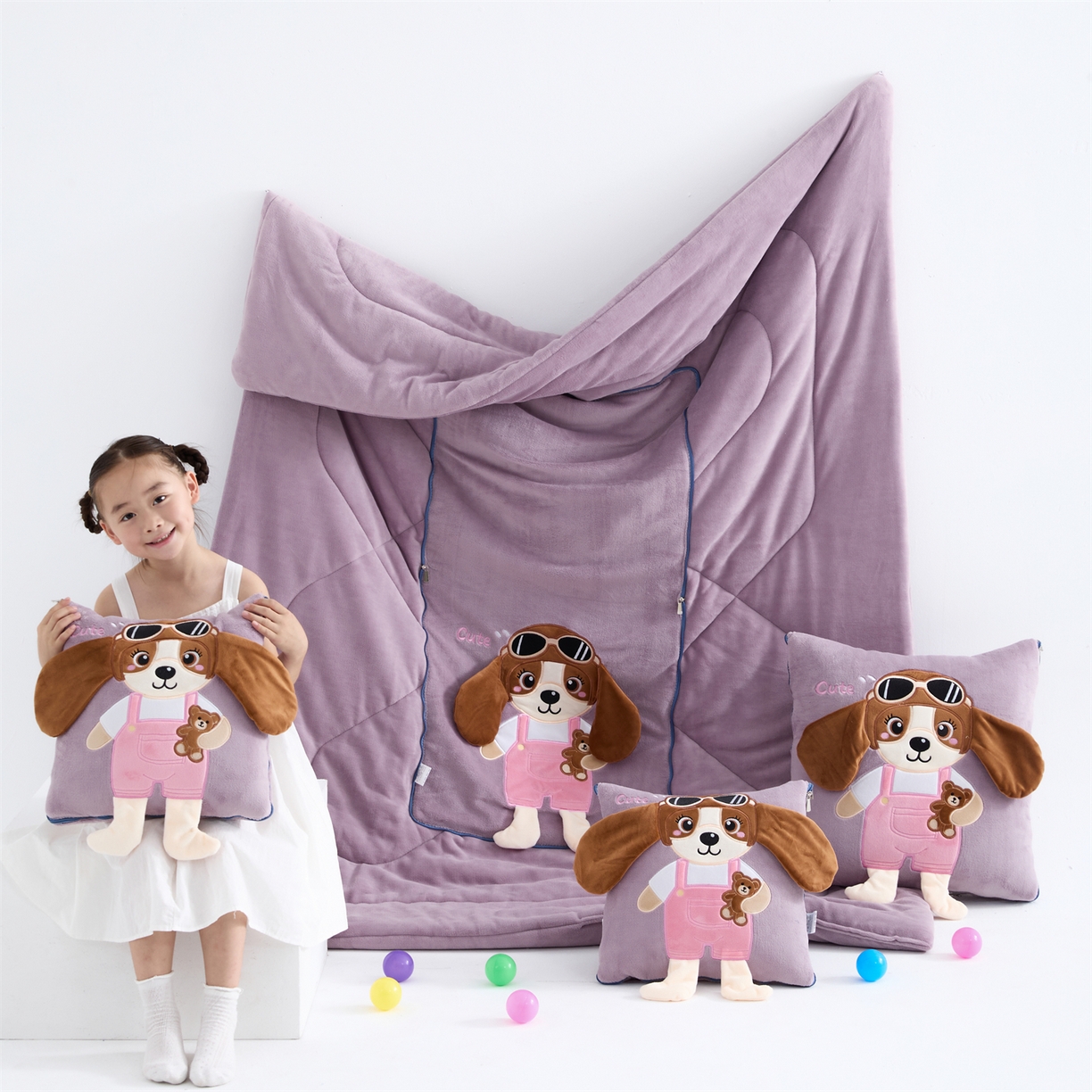 吉利家居2025新款牛奶绒贴布绣多功能抱枕被-天使狗（控价小号68   大号98） 紫熏