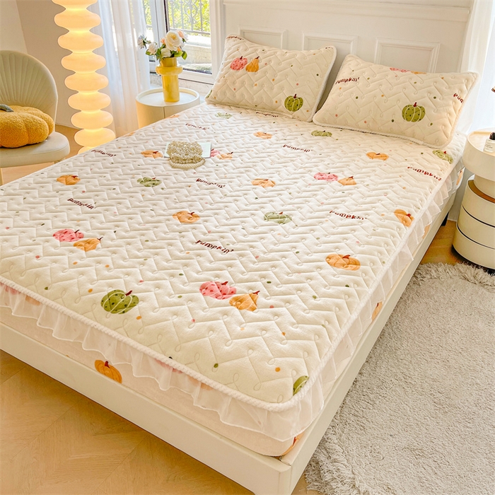 91家纺网 家纺一手货源 找家纺 小萌虎 2025新款A类防静电牛奶绒印花夹棉床笠 小南瓜