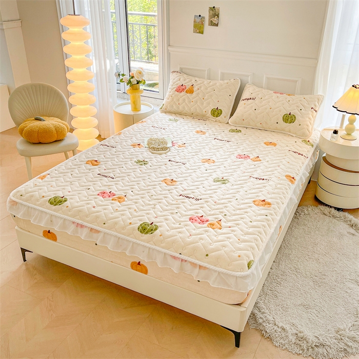 91家纺网 家纺一手货源 找家纺 小萌虎 2025新款A类防静电牛奶绒印花夹棉床笠 小南瓜