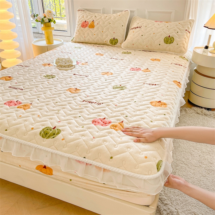 小萌虎 2025新款A类防静电牛奶绒印花夹棉床笠 小南瓜