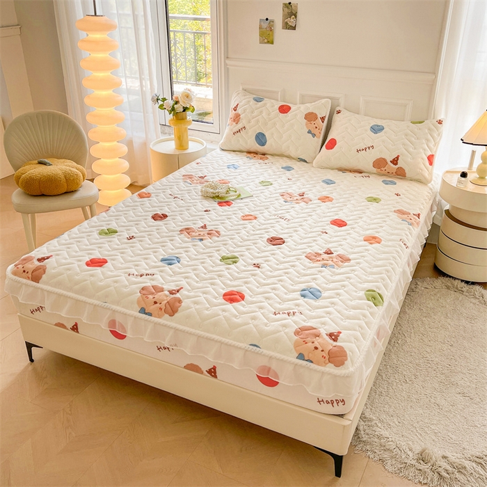 91家纺网 家纺一手货源 找家纺 小萌虎 2025新款A类防静电牛奶绒印花夹棉床笠 波点狗