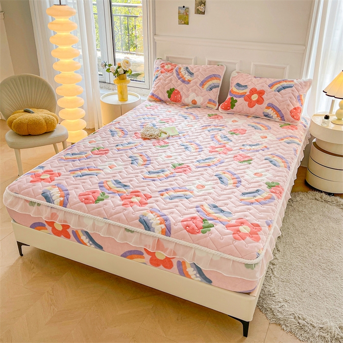 91家纺网 家纺一手货源 找家纺 小萌虎 2025新款A类防静电牛奶绒印花夹棉床笠 彩虹乐园