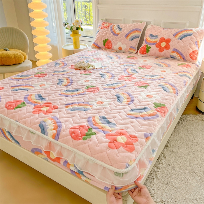 91家纺网 家纺一手货源 找家纺 小萌虎 2025新款A类防静电牛奶绒印花夹棉床笠 彩虹乐园