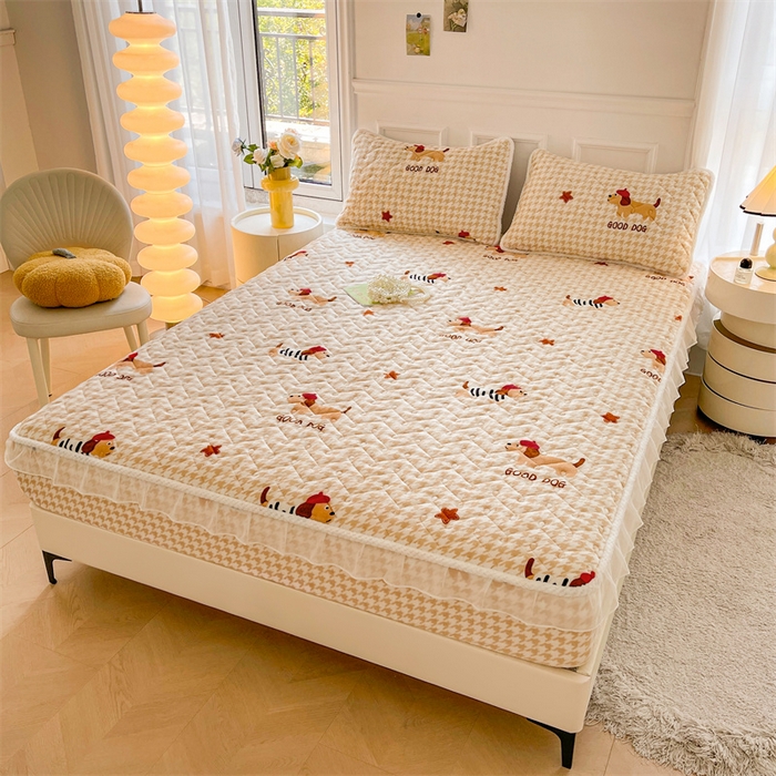 91家纺网 家纺一手货源 找家纺 小萌虎 2025新款A类防静电牛奶绒印花夹棉床笠 腊肠犬