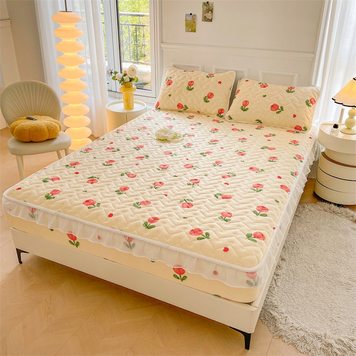 91家纺网 家纺一手货源 找家纺 小萌虎 2025新款A类防静电牛奶绒印花夹棉床笠 郁金香