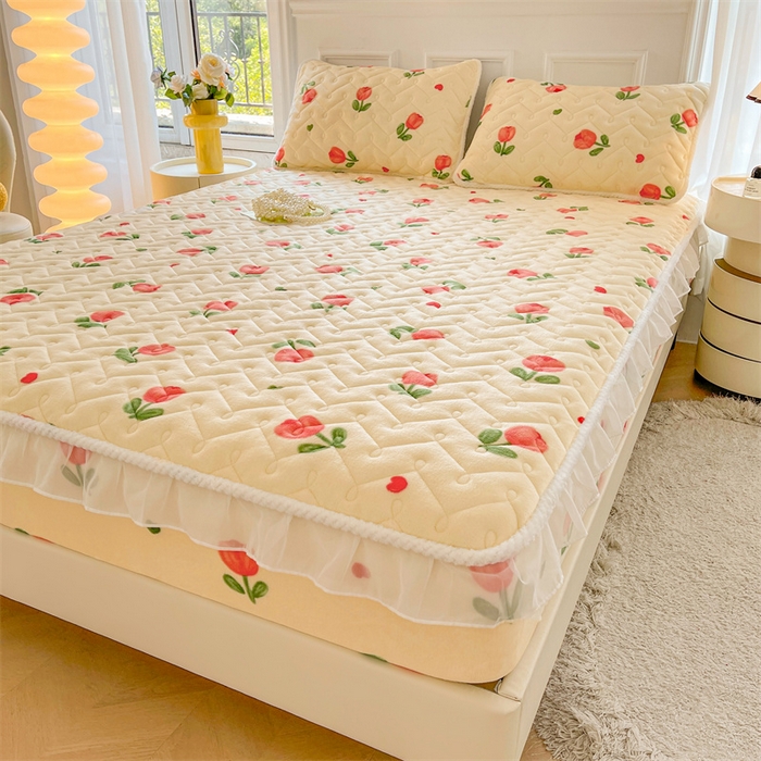 91家纺网 家纺一手货源 找家纺 小萌虎 2025新款A类防静电牛奶绒印花夹棉床笠 郁金香