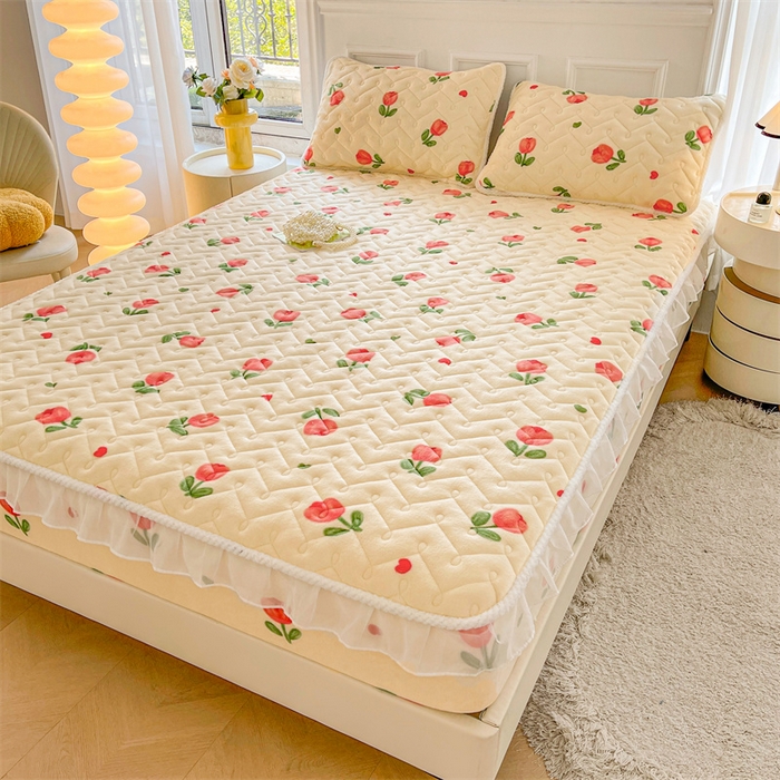 91家纺网 家纺一手货源 找家纺 小萌虎 2025新款A类防静电牛奶绒印花夹棉床笠 郁金香