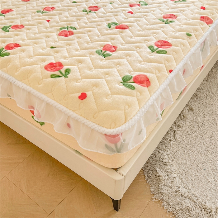 91家纺网 家纺一手货源 找家纺 小萌虎 2025新款A类防静电牛奶绒印花夹棉床笠 郁金香