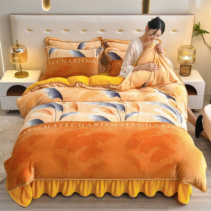 91家纺网 家纺一手货源 找家纺 亿品2025直播爆款9.5斤牛奶绒四件套加厚保暖床裙四件套 秋风十里