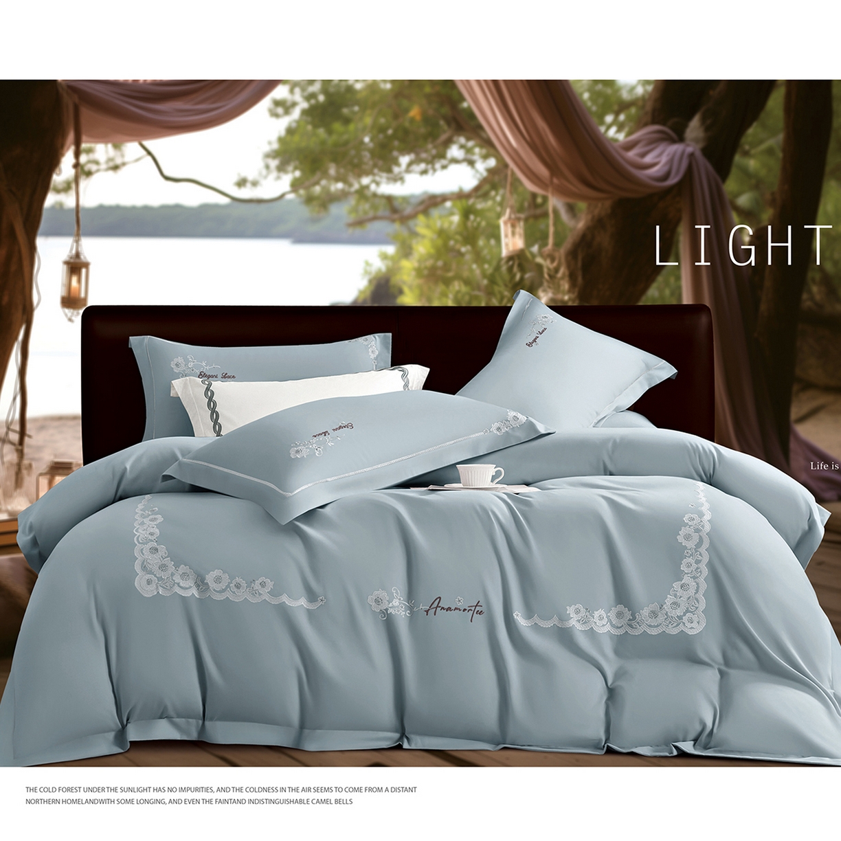 U品汇 2025新品60S双股120支长绒棉加厚全棉纯棉磨毛刺绣花四件套超细磨毛宽边款礼盒装 巴黎春天-蓝灰