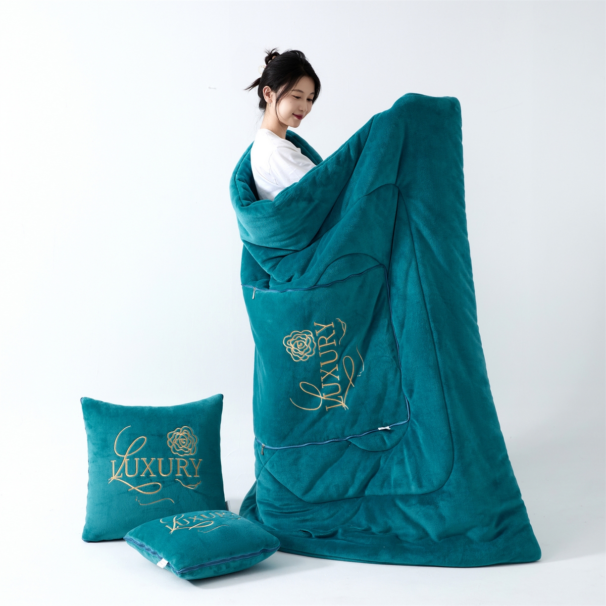 2025款牛奶绒多功能抱枕被-玫瑰绒语 橄榄绿