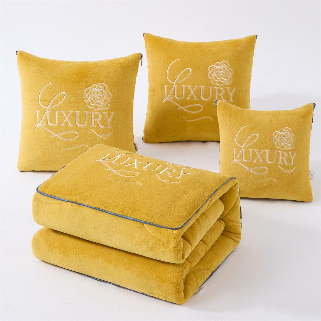 91家纺网 家纺一手货源 找家纺 2025款牛奶绒多功能抱枕被-玫瑰绒语 柠檬黄