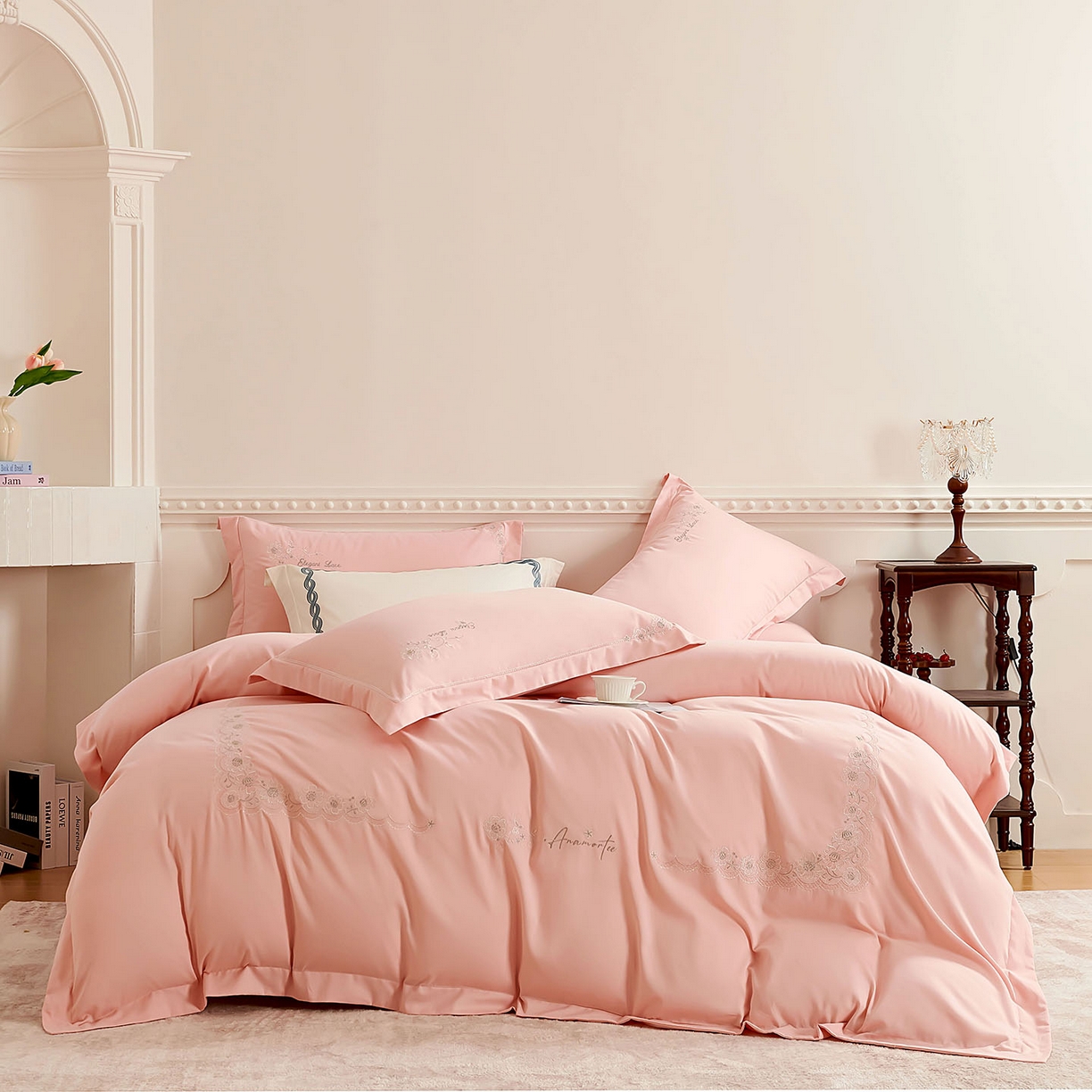 U品汇 2025新品60S双股120支长绒棉加厚全棉纯棉磨毛刺绣花四件套超细磨毛宽边款礼盒装 巴黎春天-糖粉