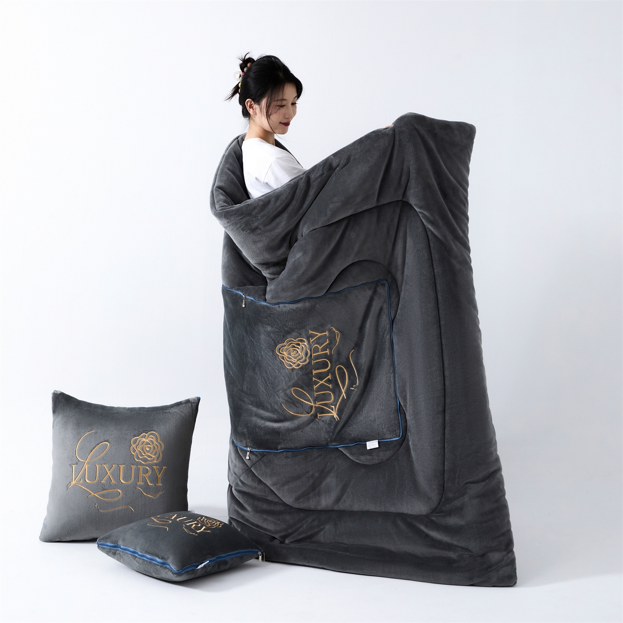 2025款牛奶绒多功能抱枕被-玫瑰绒语 绅士灰