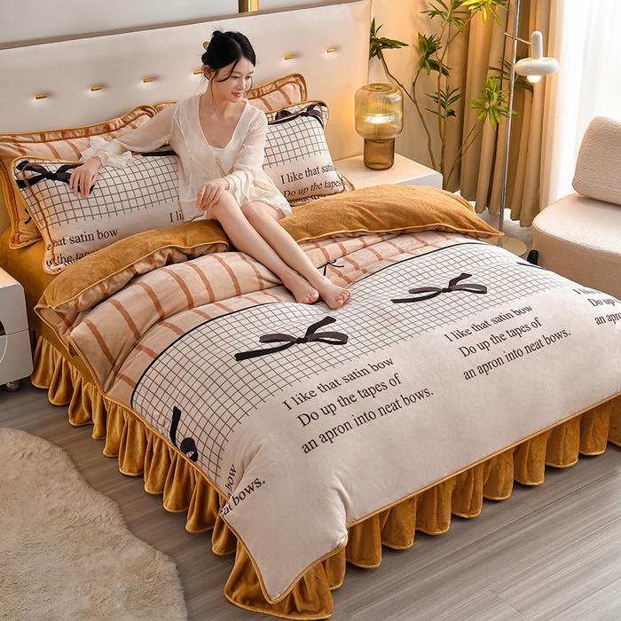 91家纺网 家纺一手货源 找家纺 亿品2025直播爆款9.5斤牛奶绒四件套加厚保暖床裙四件套 简单爱