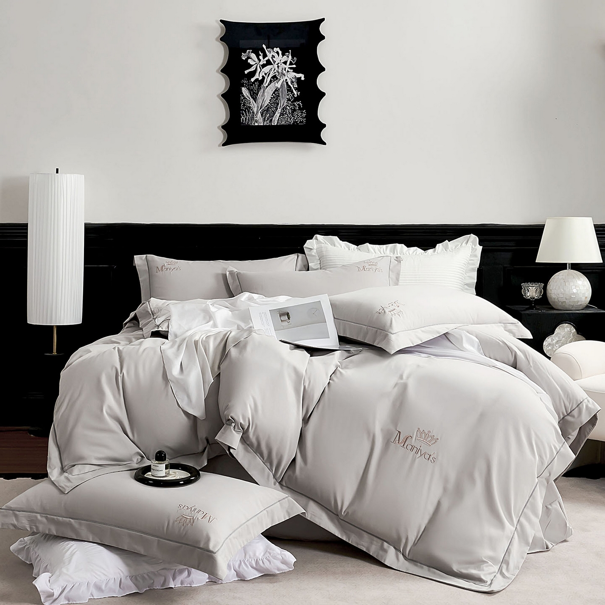 U品汇 2025新品60S双股120支长绒棉加厚全棉纯棉磨毛刺绣花四件套超细磨毛宽边款礼盒装 希语-高级灰