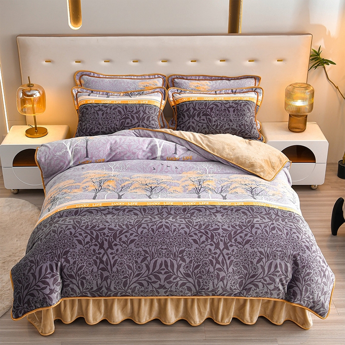 91家纺网 家纺一手货源 找家纺 亿品2025直播爆款9.5斤牛奶绒四件套加厚保暖床裙四件套 梦幻森林