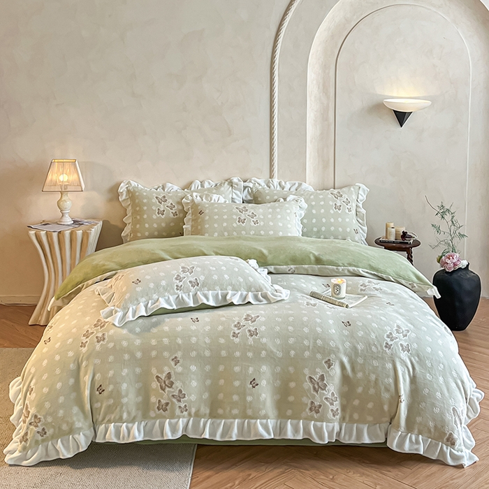 澳梵家居 2025新款雕花牛奶绒韩版四件套-竹影柔柔 玫瑰蝶语-绿