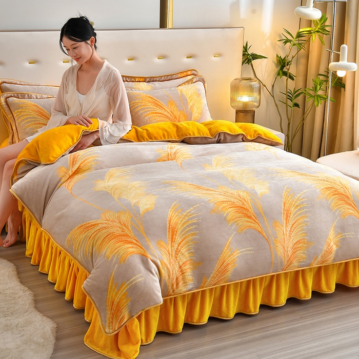 91家纺网 家纺一手货源 找家纺 亿品2025直播爆款9.5斤牛奶绒四件套加厚保暖床裙四件套 风吹麦浪