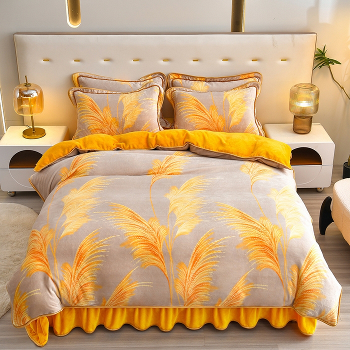 91家纺网 家纺一手货源 找家纺 亿品2025直播爆款9.5斤牛奶绒四件套加厚保暖床裙四件套 风吹麦浪