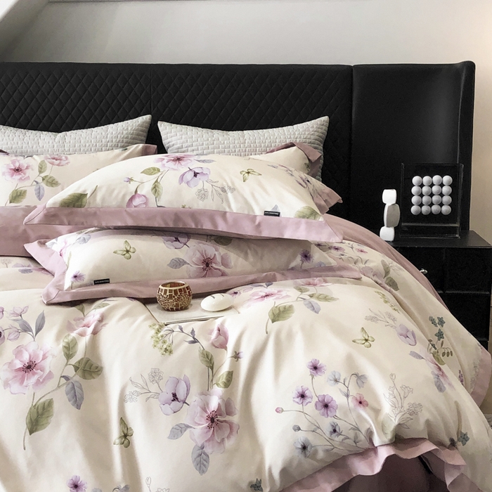 91家纺网 家纺一手货源 找家纺 薏思家纺 2025新款全棉斜纹加厚数码印花-宽边磨毛系列 蝶花清梦