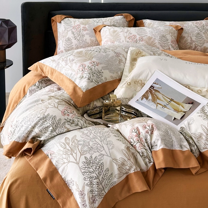 91家纺网 家纺一手货源 找家纺 薏思家纺 2025新款全棉斜纹加厚数码印花-宽边磨毛系列 晨晓-桔