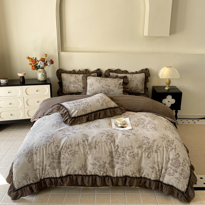 91家纺网 家纺一手货源 找家纺 艺玲家纺 2025新款亲肤舒适复古水洗亚麻四件套 浮绘花影