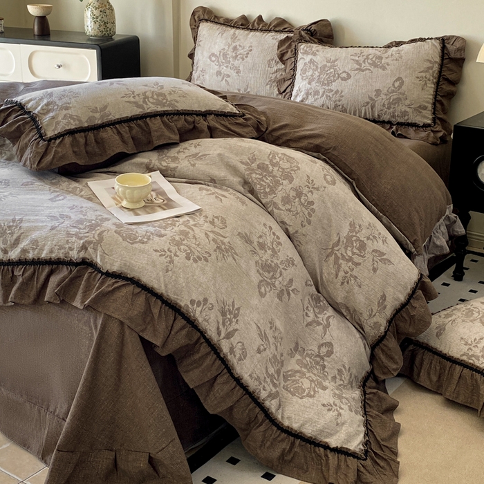 91家纺网 家纺一手货源 找家纺 艺玲家纺 2025新款亲肤舒适复古水洗亚麻四件套 浮绘花影