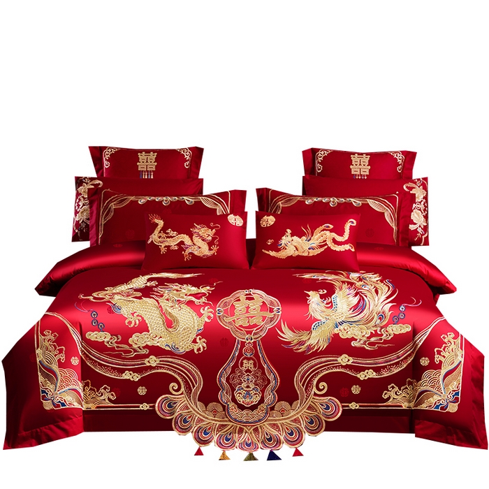 91家纺网 家纺一手货源 找家纺 千禧家纺 2025年大版提花工艺绣花婚庆套件 龙凤呈瑞