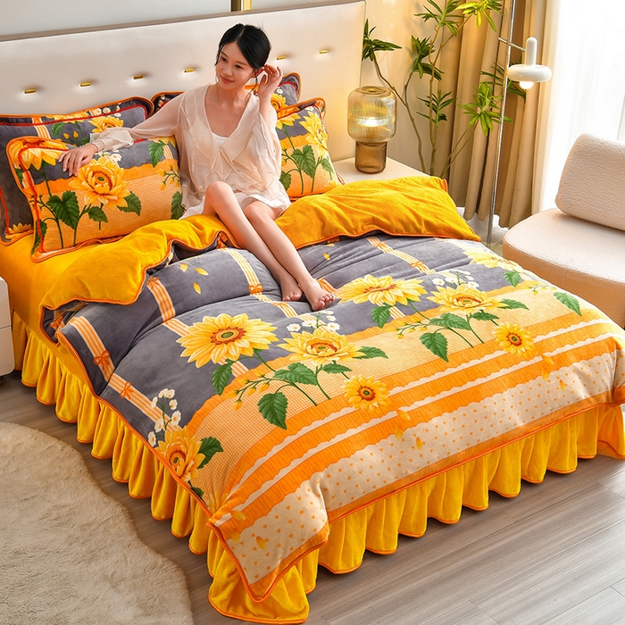 91家纺网 家纺一手货源 找家纺 亿品2025直播爆款9.5斤牛奶绒四件套加厚保暖床裙四件套 向阳花开