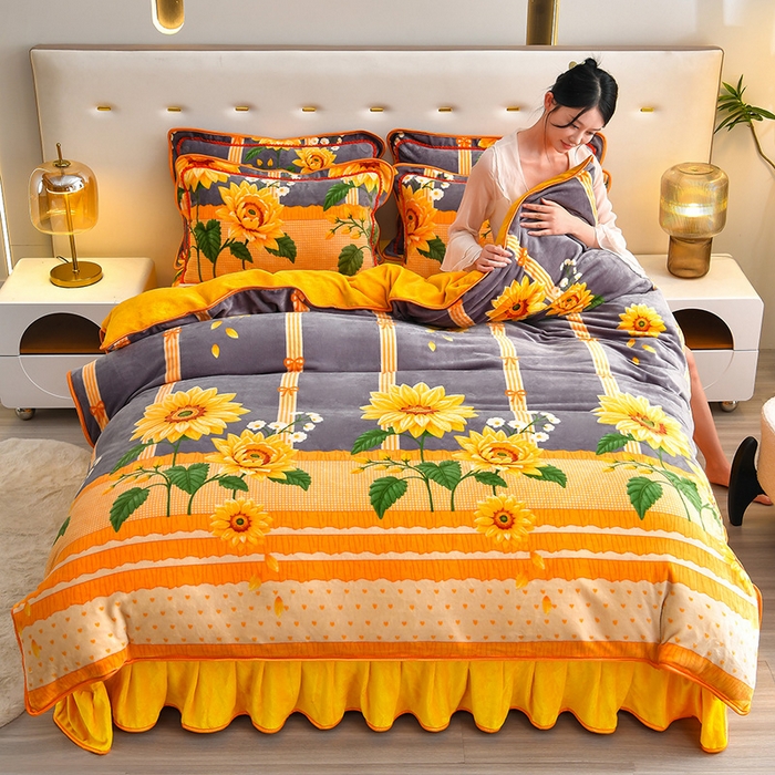 91家纺网 家纺一手货源 找家纺 亿品2025直播爆款9.5斤牛奶绒四件套加厚保暖床裙四件套 向阳花开