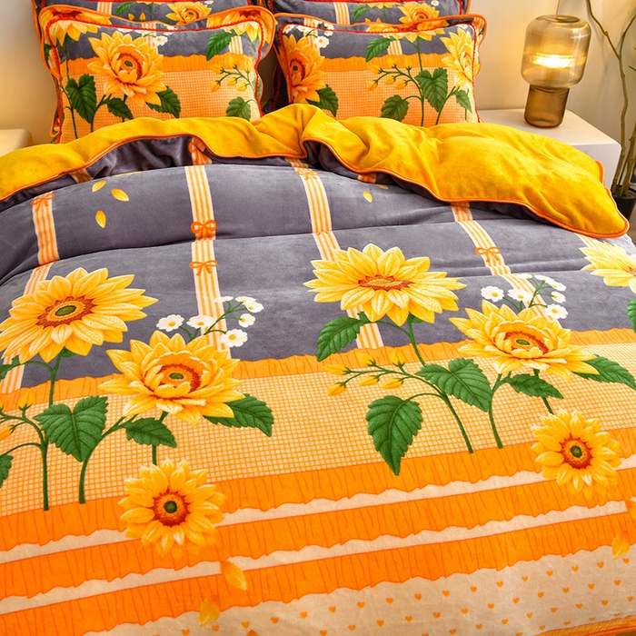 91家纺网 家纺一手货源 找家纺 亿品2025直播爆款9.5斤牛奶绒四件套加厚保暖床裙四件套 向阳花开