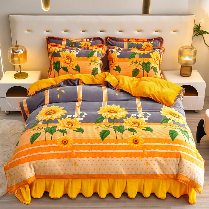 91家纺网 家纺一手货源 找家纺 亿品2025直播爆款9.5斤牛奶绒四件套加厚保暖床裙四件套 向阳花开