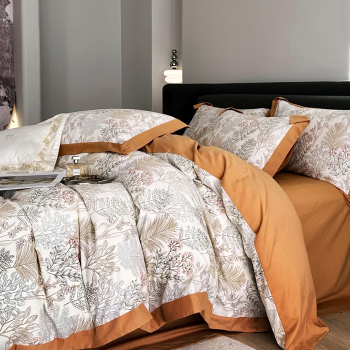 91家纺网 家纺一手货源 找家纺 薏思家纺 2025新款全棉斜纹加厚数码印花-宽边磨毛系列 晨晓-桔