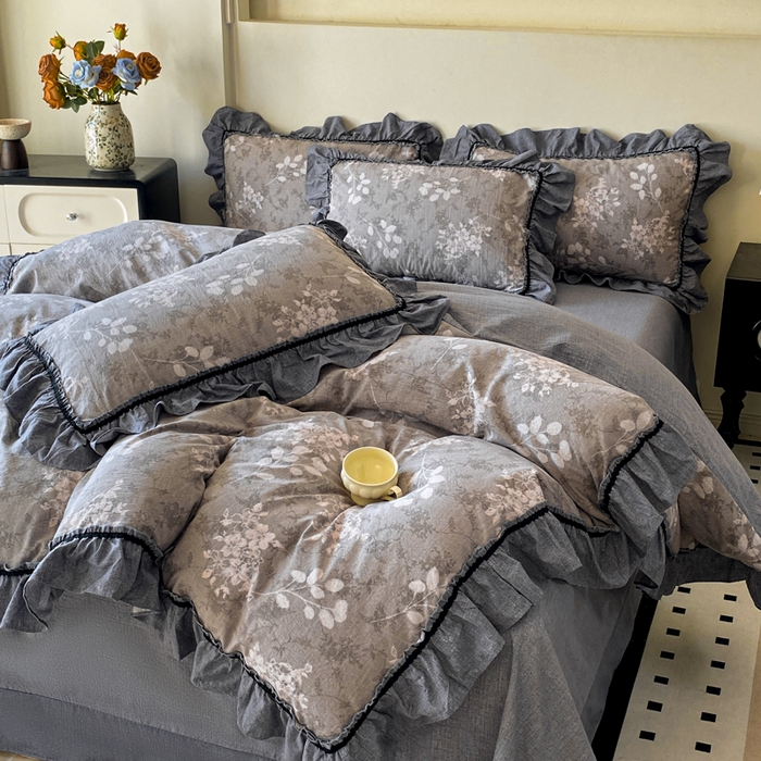 91家纺网 家纺一手货源 找家纺 艺玲家纺 2025新款亲肤舒适复古水洗亚麻四件套 海棠花开