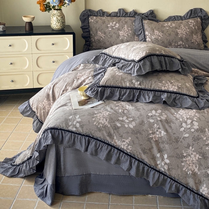 91家纺网 家纺一手货源 找家纺 艺玲家纺 2025新款亲肤舒适复古水洗亚麻四件套 海棠花开